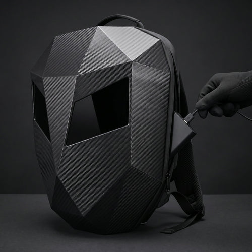 Power bank plugged into the RideGaze backpack side pocket