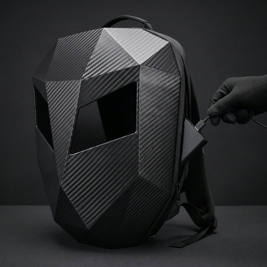 Power bank plugged into the RideGaze backpack side pocket