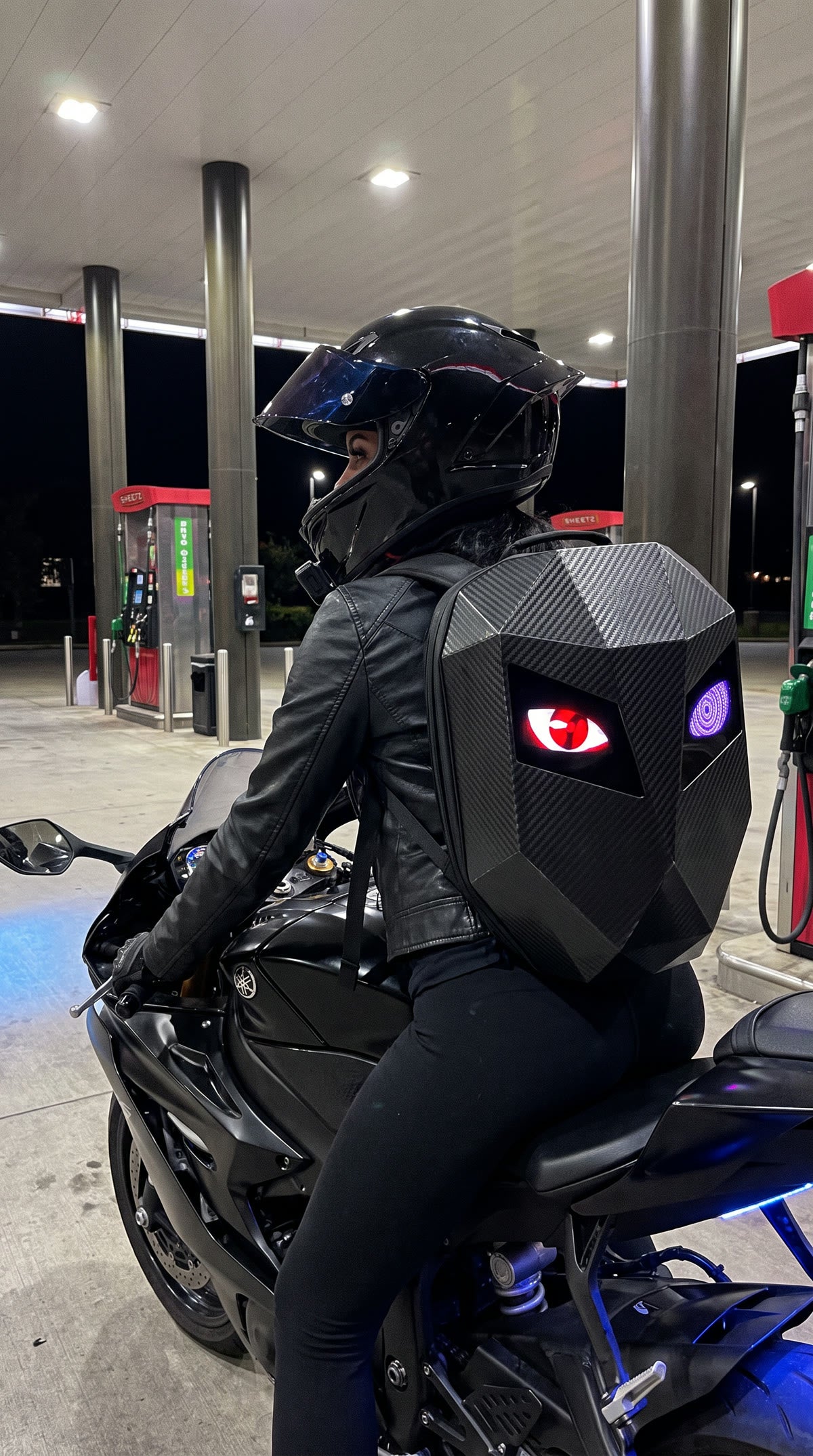 RideGaze backpack glowing at a gas station