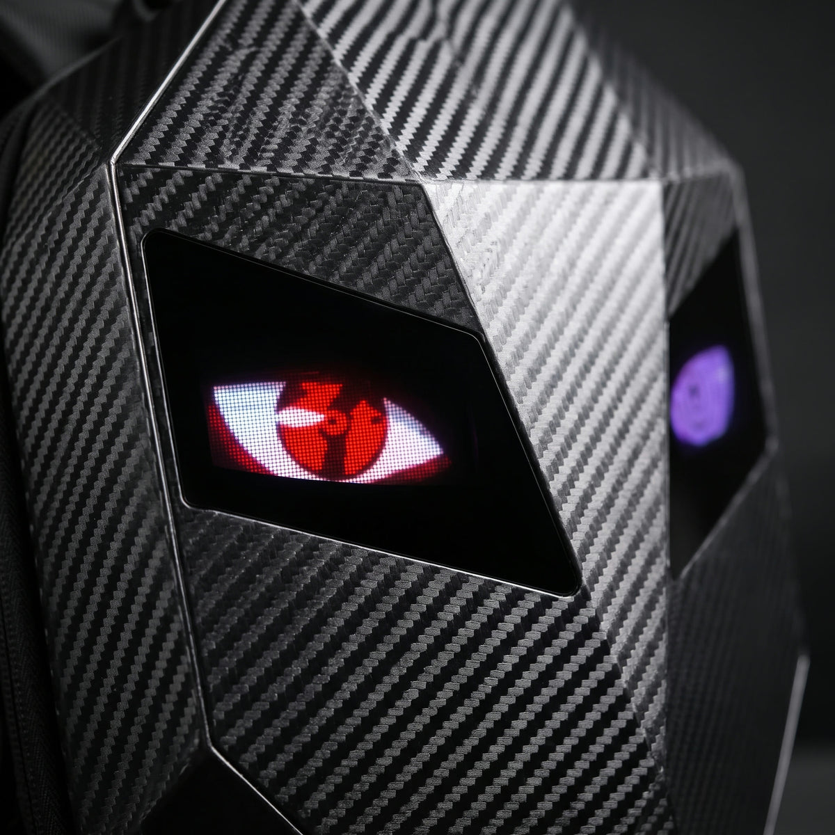 Carbon shell and LED eye close-up